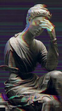 Glitching ancient statue with colorful digital distortion effect