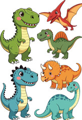 Obraz premium Cute Cartoon Dinosaur Collection Featuring Friendly T-Rex, Triceratops, Pterodactyl, and Spinosaurus Characters Isolated on White Background for Childrens Educational Vector Illustration Designs