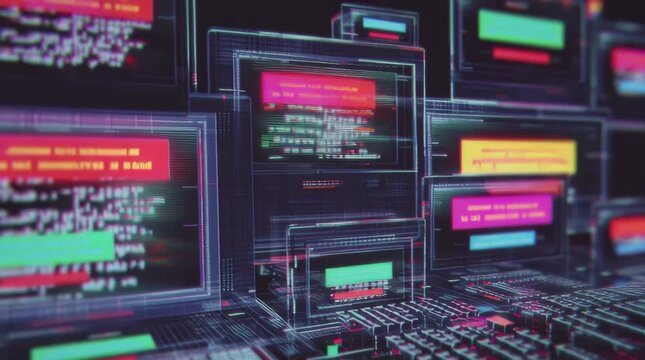 Multiple screens display glowing digital code with wireframe outlines.