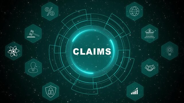 Digital insurance Claims management interface displaying secure data processing workflow with circular compliance monitoring and fintech protection system 4K animation video