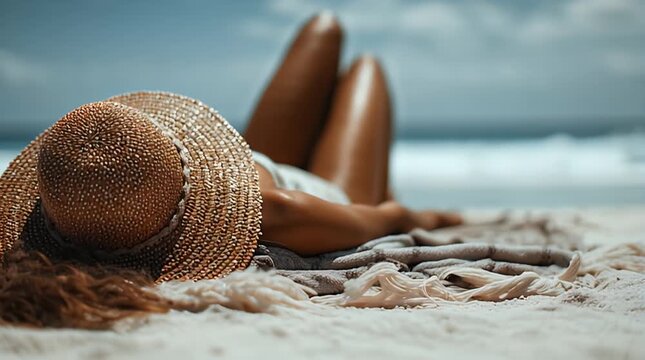 Woman Relaxing on Beach with Straw Hat.