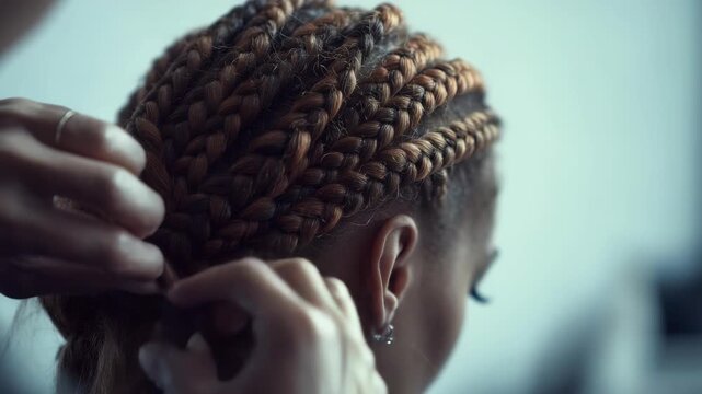 A professional stylist carefully creates neat cornrow braids on a client, showcasing skill and precision. The image highlights hair artistry and contemporary beauty trends