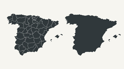 Spain Map with Provinces and Solid Silhouette. Detailed Vector Illustration of Spanish Geography, Autonomous Communities, and Balearic Islands. © Dreamine