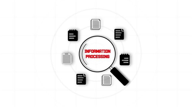 Information processing concept with magnifying glass over red text and circular document icons for efficient data workflow management