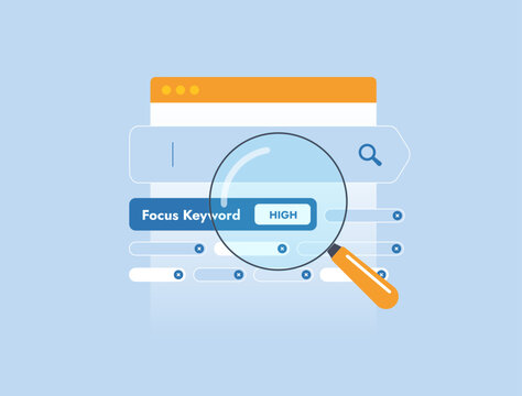 Focus keyword research, SEO content strategy, search intent analysis. Digital marketing planning for blog and website with seo keyword research, modern flat infographic UI, vector illustration