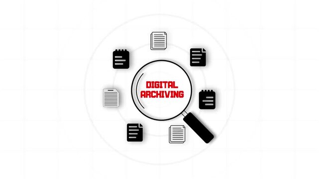 Digital archiving concept showing magnifying glass searching through electronic document icons for cloud storage and data preservation