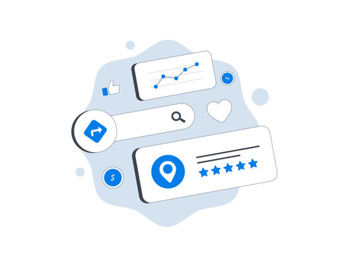 Local business reviews and ratings dashboard, location feedback stars customer metrics for local review ecosystem digital marketing analytics UI, modern flat infographic, vector illustration