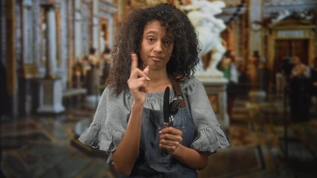 Teenage woman waitress in apron holds fork and knife while raising index finger to lips for silence in building ornate dining hall with marble statue and diners; playful caution.
