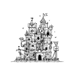 Fantasy Medieval Castle with Towers and Flag on White Background