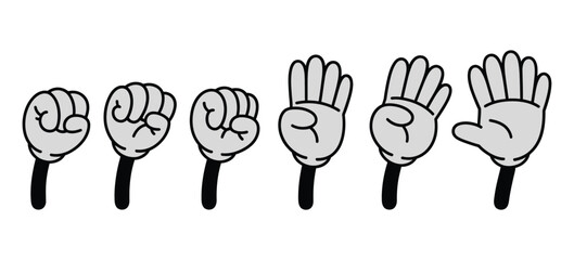 Fototapeta premium Comic hands numbers gestures, cartoon finger counting symbols with gloved hands showing one to four fingers