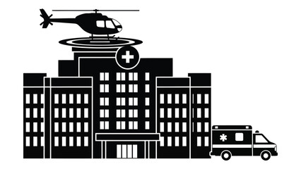 Hospital building with helicopter and ambulance isolated on white background, Vector © Rian