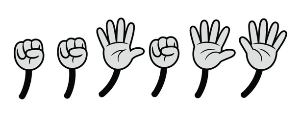Fototapeta premium Comic hands numbers gestures, cartoon finger counting signs, glove style hand showing one, two, three, and four fingers, vector illustration