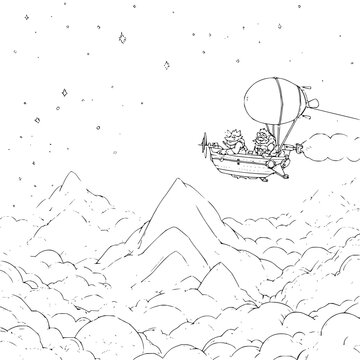 Hot Air Balloon Flying Over Mountains with Trees and Stars