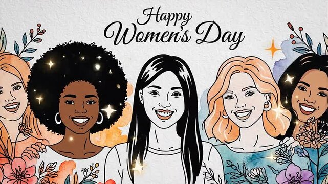 Happy Womens Day Diverse Group of Women Celebration Illustration.