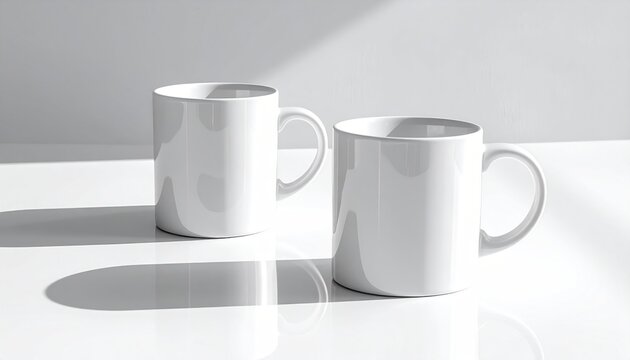 Two White Coffee Mugs on White Surface.