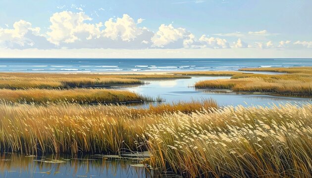 Serene Marshland with Tall Grasses and Waterway.