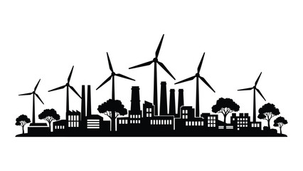 A cityscape with wind turbines and trees isolated on white background, Vector © Rian
