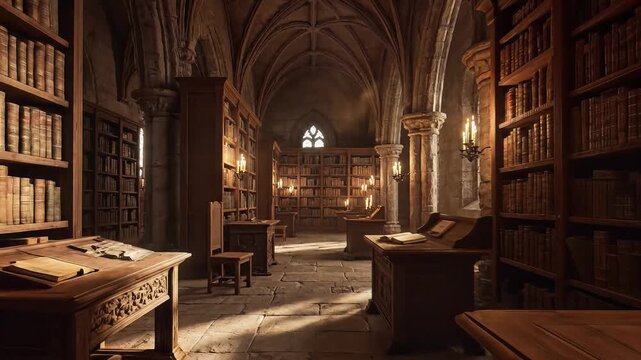 Cinematic slow motion pan through a grand, dimly lit ancient library with glowing candlestick lighting, arched ceilings, and rows of old books