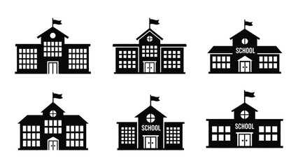 Six different school building silhouettes with flags isolated on white background, Vector © Rian