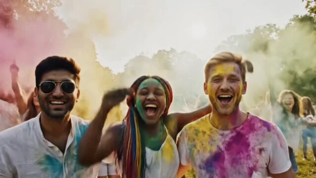 Multi-Ethnic Group Shot at Holi Festival in Park
