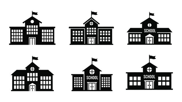 Six different school building silhouettes with flags isolated on white background, Vector