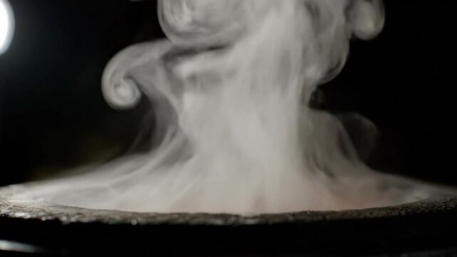 Close-up of dry ice sublimation producing white smoke in a dark environment.
