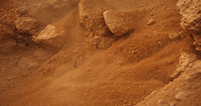 Brown soil falling down a rocky slope dirt rocks mud landslide erosion nature geology terrains ground earth