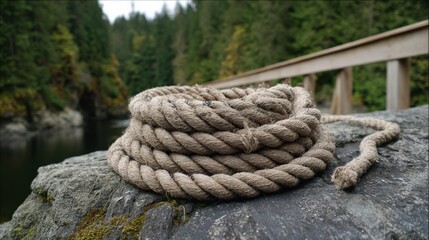 Fototapeta premium Close-up of thick coiled rope on rugged rock with blurred river and forest background