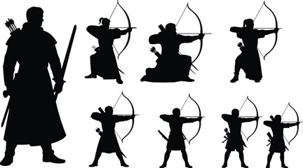 Medieval archer and warrior silhouettes collection, fantasy bowmen and swordsman characters isolated on white background illustration set