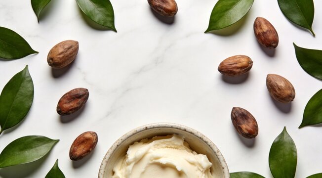 Raw shea butter in ceramic bowl, with seeds and green leaves arranged, top view composition, on white marble surface, cosmetic photography