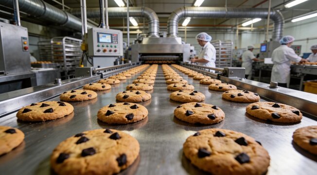 Chocolate chip cookies on conveyor belt, rows of baked goods moving, industrial production, commercial bakery interior, food processing