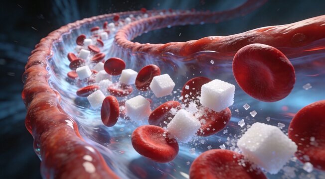 Red blood cells and sugar cubes, flowing through a vein, 3D medical illustration, inside human body, healthcare concept