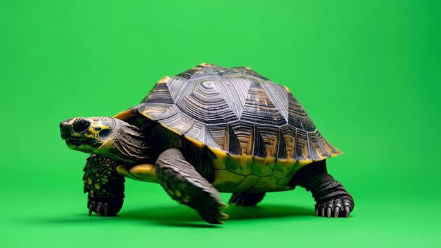 Tortoise Model Walking on Green Screen.