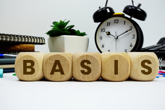 BASIS alphabet letters with alarm clock and calculator on white background