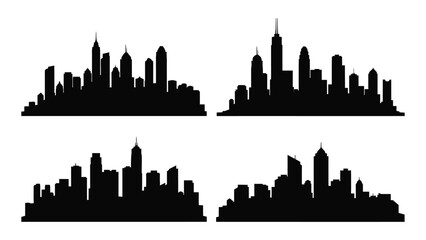 Fototapeta premium Four different city skylines in black silhouette isolated on white background, Vector