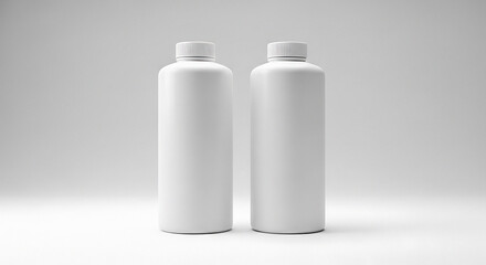 Two white plastic bottles standing upright on a plain white surface against a gray background from a frontal viewpoint