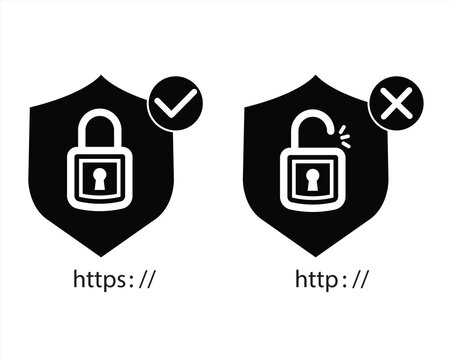 Https and http security certificate icons on a white background. Secure and insecure web protocols. Secure connections. Vector illustration.