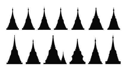 A collection of various stupa silhouettes isolated on white background, Vector