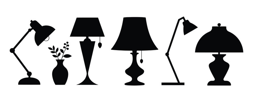 Diverse black silhouette table and floor lamps on a white background, modern and classic lighting fixtures collection