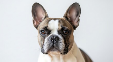 Fototapeta premium A brown and white dog with pointy ears looks directly