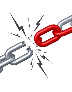 A broken chain link with red and silver parts