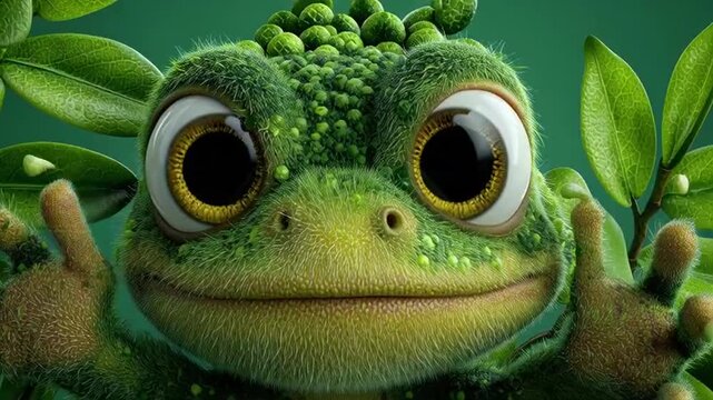 Close-up portrait of a green cartoon frog with large eyes gesturing in a lush environment with cinematic lighting.