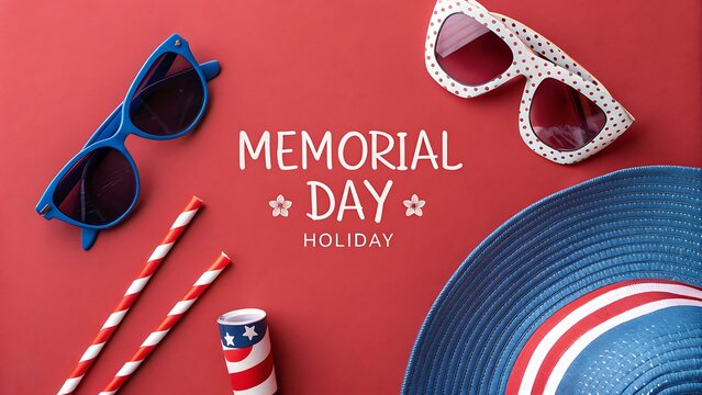 Memorial day holiday accessories on red background