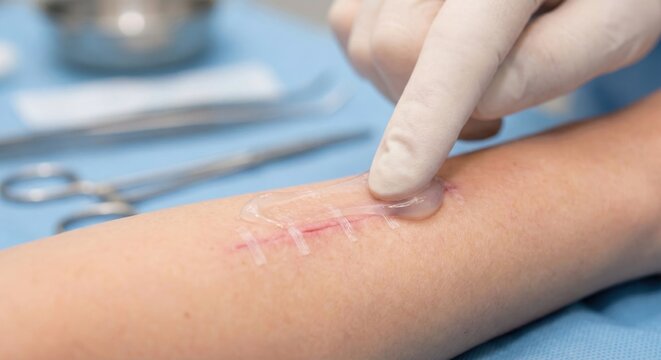 Applying silicone scar gel to healing surgical incision on wrist
