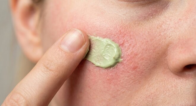 Applying green color correcting cream to rosacea on cheek