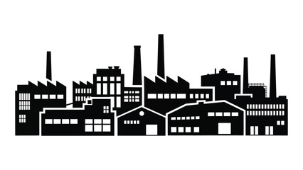 A black silhouette of a city skyline with industrial buildings isolated on white background, Vector