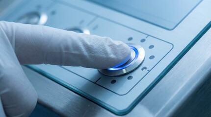 Gloved hand pressing glowing button on industrial control panel