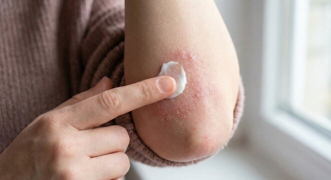 Applying medicinal cream to eczema patch on inner elbow