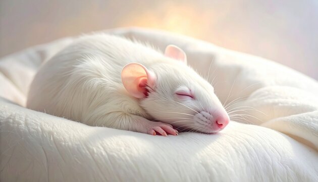 White Rat Sleeping on Soft Pillow.