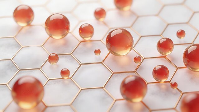 Red spheres floating above a golden hexagonal grid pattern in a 3D rendered image